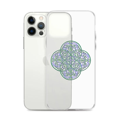 An iPhone 12 Pro Max behind a Xigfireon clear phone case featuring the Living Colour iteration of the Reach Of The Spirit Celtic knot design. The Reach Of The Spirit Celtic knot design represents Mother Earth.