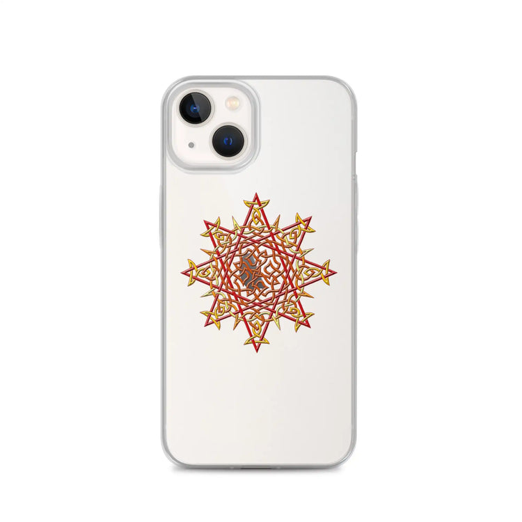 An iPhone 13 behind a Xigfireon clear phone case featuring the Fire Colour iteration of the Morning Star Fire Celtic knot design. The Morning Star Fire Celtic knot design represents Father Sun.