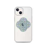 An iPhone 13 in a Xigfireon clear phone case featuring the Living Colour iteration of the Reach Of The Spirit Celtic knot design. The Reach Of The Spirit Celtic knot design represents Mother Earth.
