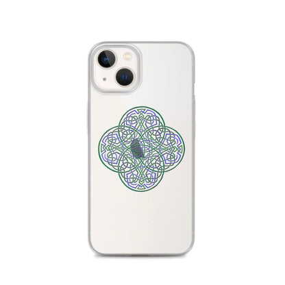 An iPhone 13 in a Xigfireon clear phone case featuring the Living Colour iteration of the Reach Of The Spirit Celtic knot design. The Reach Of The Spirit Celtic knot design represents Mother Earth.