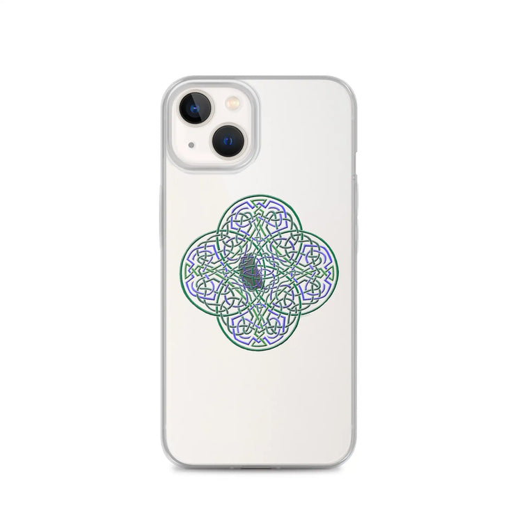 An iPhone 13 in a Xigfireon clear phone case featuring the Living Colour iteration of the Reach Of The Spirit Celtic knot design. The Reach Of The Spirit Celtic knot design represents Mother Earth.