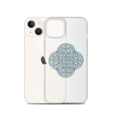 An iPhone 13 behind a Xigfireon clear phone case featuring the Living Colour iteration of the Reach Of The Spirit Celtic knot design. The Reach Of The Spirit Celtic knot design represents Mother Earth.