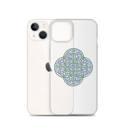 An iPhone 13 behind a Xigfireon clear phone case featuring the Living Colour iteration of the Reach Of The Spirit Celtic knot design. The Reach Of The Spirit Celtic knot design represents Mother Earth.