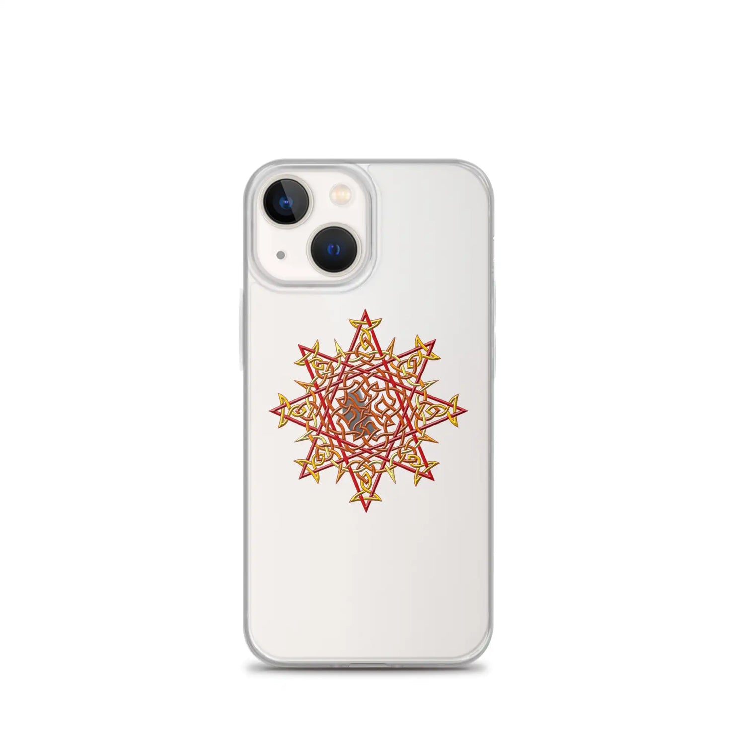 An iPhone 13 Mini in a Xigfireon clear phone case featuring the Fire Colour iteration of the Morning Star Fire Celtic knot design. The Morning Star Fire Celtic knot design represents Father Sun.