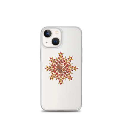 An iPhone 13 Mini in a Xigfireon clear phone case featuring the Fire Colour iteration of the Morning Star Fire Celtic knot design. The Morning Star Fire Celtic knot design represents Father Sun.