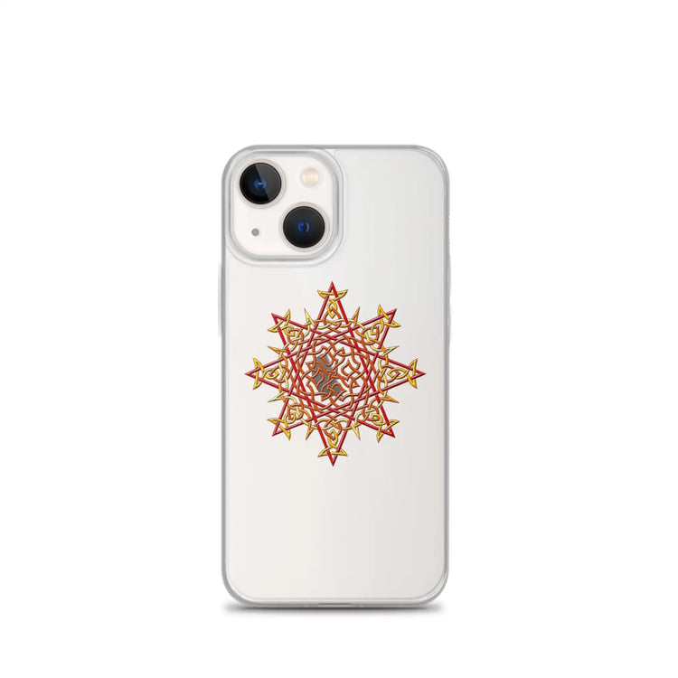 An iPhone 13 Mini in a Xigfireon clear phone case featuring the Fire Colour iteration of the Morning Star Fire Celtic knot design. The Morning Star Fire Celtic knot design represents Father Sun.
