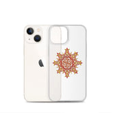 An iPhone 13 Mini behind a Xigfireon clear phone case featuring the Fire Colour iteration of the Morning Star Fire Celtic knot design. The Morning Star Fire Celtic knot design represents Father Sun.