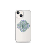 An iPhone 13 Mini in a Xigfireon clear phone case featuring the Living Colour iteration of the Reach Of The Spirit Celtic knot design. The Reach Of The Spirit Celtic knot design represents Mother Earth.