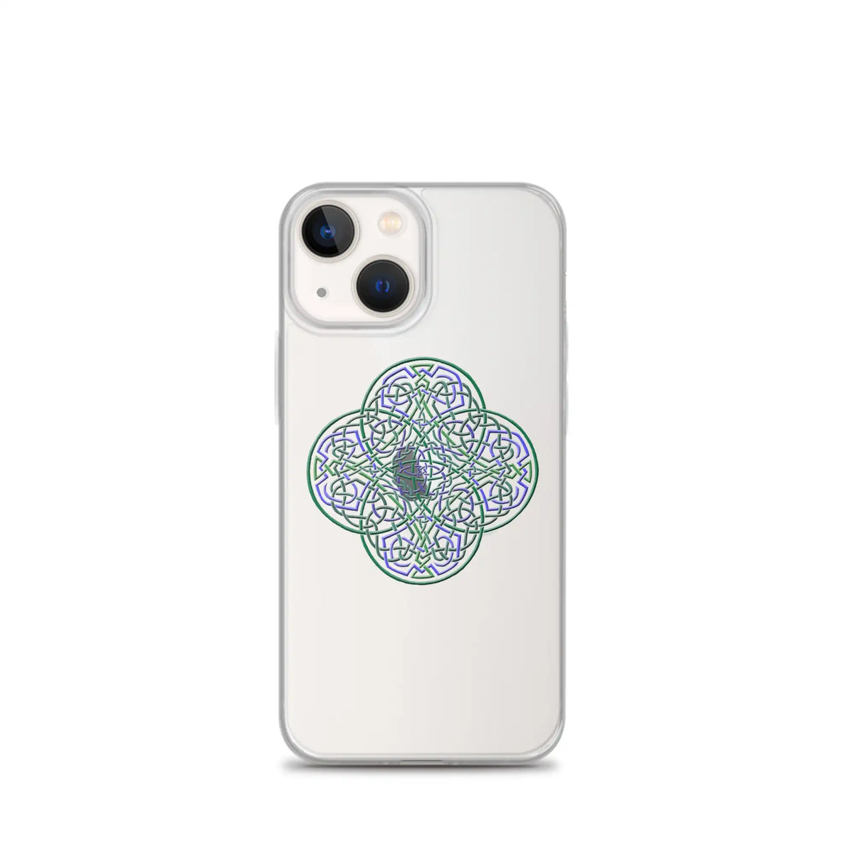 An iPhone 13 Mini in a Xigfireon clear phone case featuring the Living Colour iteration of the Reach Of The Spirit Celtic knot design. The Reach Of The Spirit Celtic knot design represents Mother Earth.