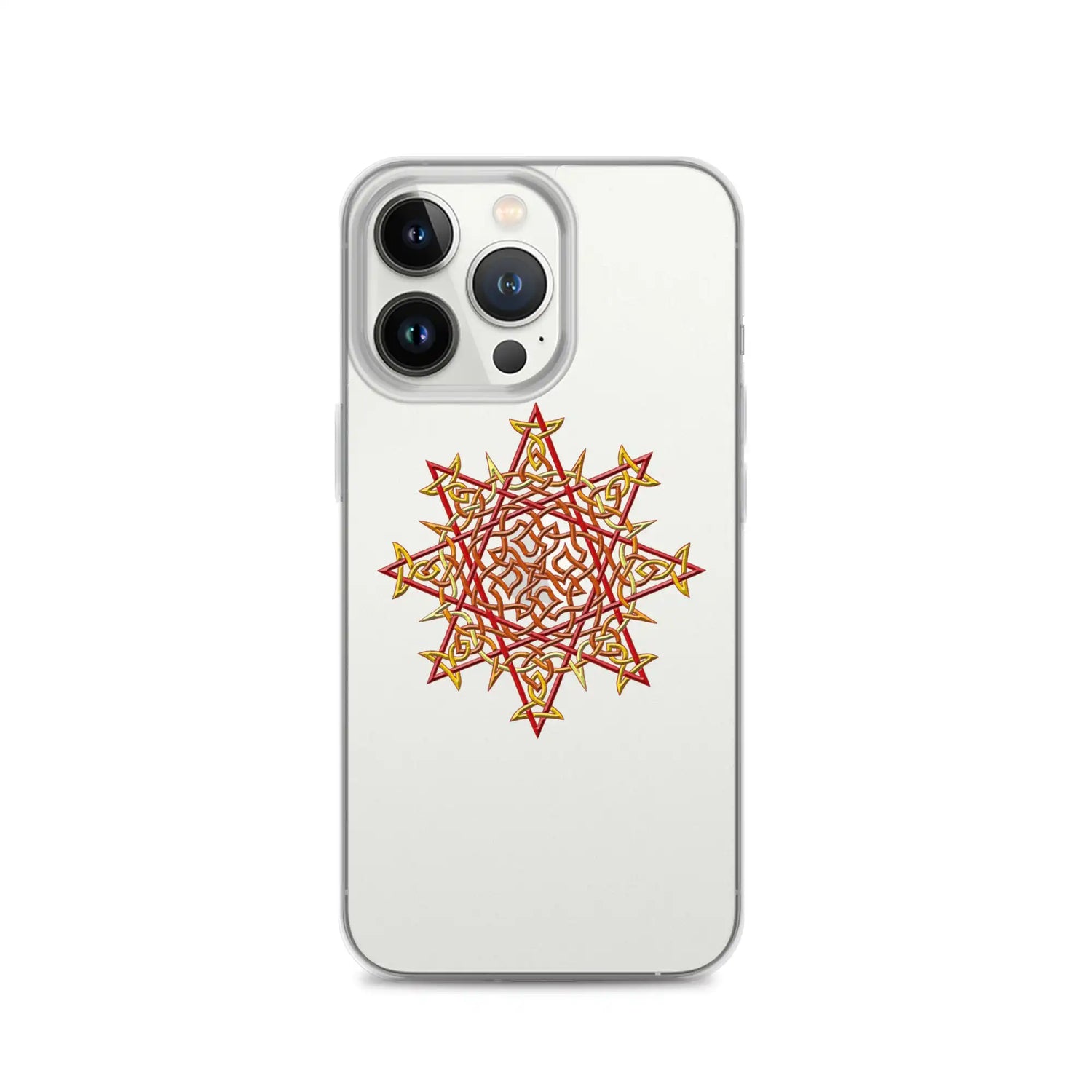 An iPhone 13 Pro in a Xigfireon clear phone case featuring the Fire Colour iteration of the Morning Star Fire Celtic knot design. The Morning Star Fire Celtic knot design represents Father Sun.