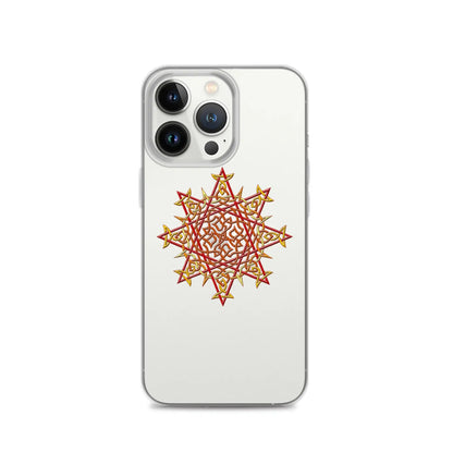 An iPhone 13 Pro in a Xigfireon clear phone case featuring the Fire Colour iteration of the Morning Star Fire Celtic knot design. The Morning Star Fire Celtic knot design represents Father Sun.