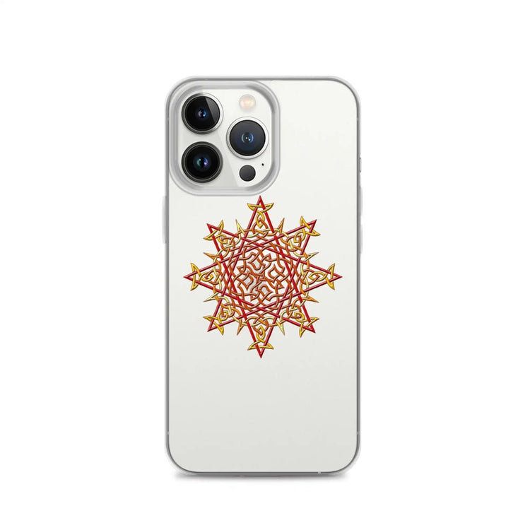 An iPhone 13 Pro in a Xigfireon clear phone case featuring the Fire Colour iteration of the Morning Star Fire Celtic knot design. The Morning Star Fire Celtic knot design represents Father Sun.