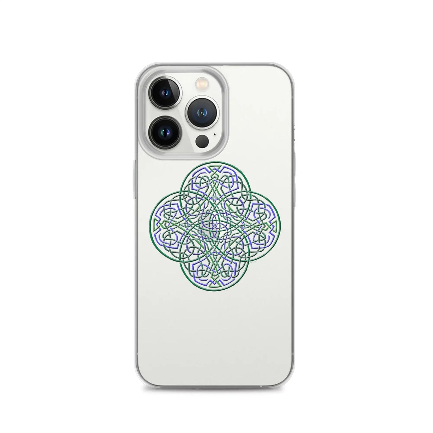 An iPhone 13 Pro in a Xigfireon clear phone case featuring the Living Colour iteration of the Reach Of The Spirit Celtic knot design. The Reach Of The Spirit Celtic knot design represents Mother Earth.