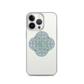 An iPhone 13 Pro in a Xigfireon clear phone case featuring the Living Colour iteration of the Reach Of The Spirit Celtic knot design. The Reach Of The Spirit Celtic knot design represents Mother Earth.
