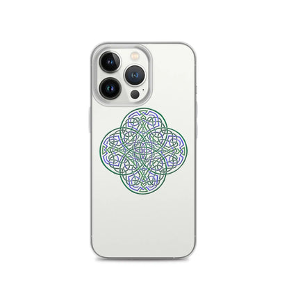 An iPhone 13 Pro in a Xigfireon clear phone case featuring the Living Colour iteration of the Reach Of The Spirit Celtic knot design. The Reach Of The Spirit Celtic knot design represents Mother Earth.