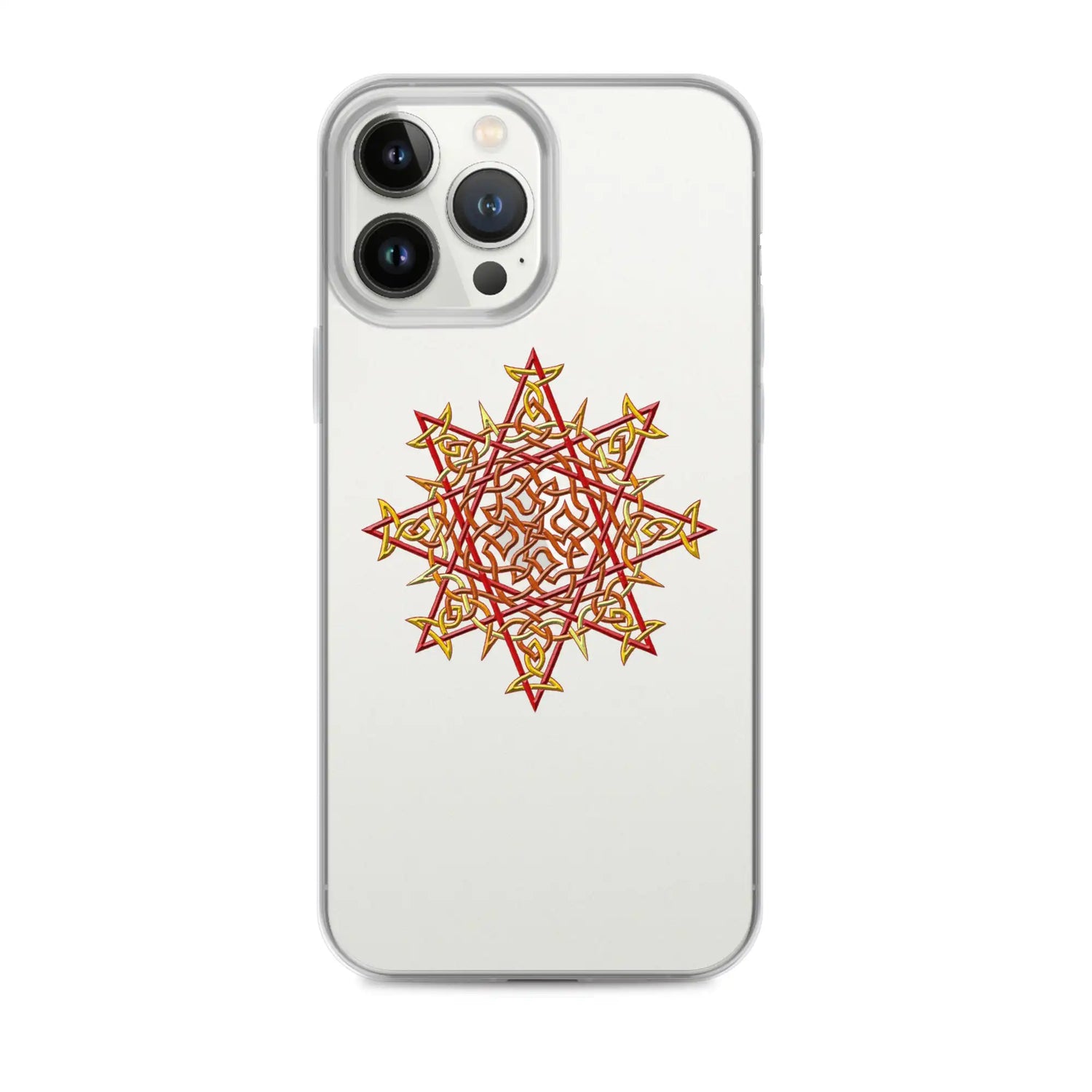 An iPhone 13 Pro Max in a Xigfireon clear phone case featuring the Fire Colour iteration of the Morning Star Fire Celtic knot design. The Morning Star Fire Celtic knot design represents Father Sun.