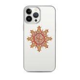 An iPhone 13 Pro Max in a Xigfireon clear phone case featuring the Fire Colour iteration of the Morning Star Fire Celtic knot design. The Morning Star Fire Celtic knot design represents Father Sun.