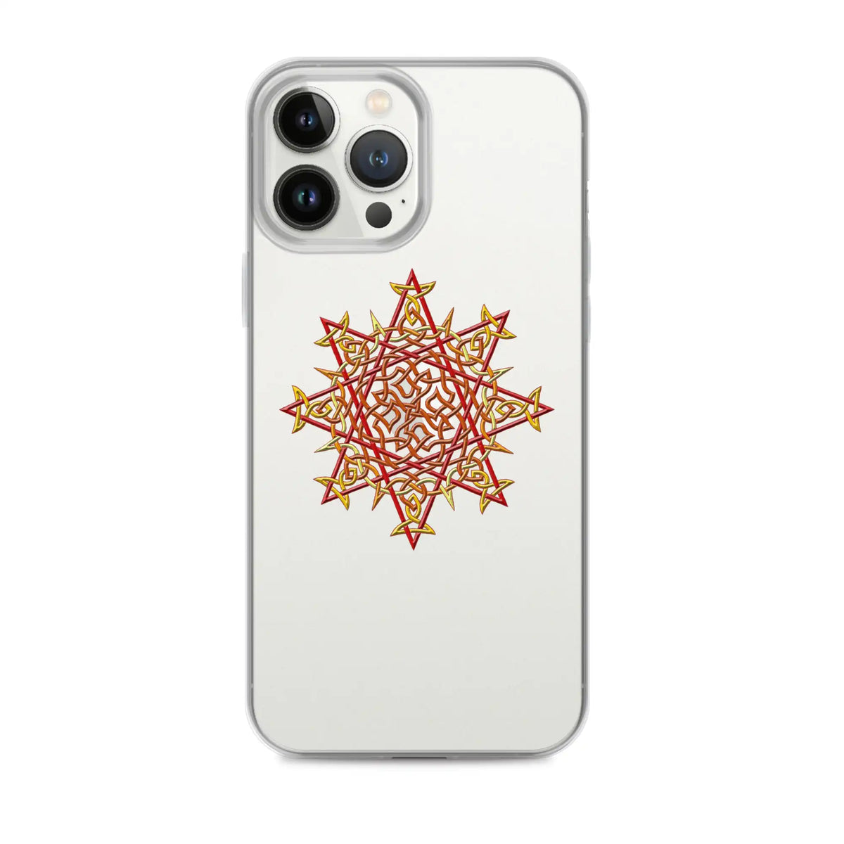 An iPhone 13 Pro Max in a Xigfireon clear phone case featuring the Fire Colour iteration of the Morning Star Fire Celtic knot design. The Morning Star Fire Celtic knot design represents Father Sun.