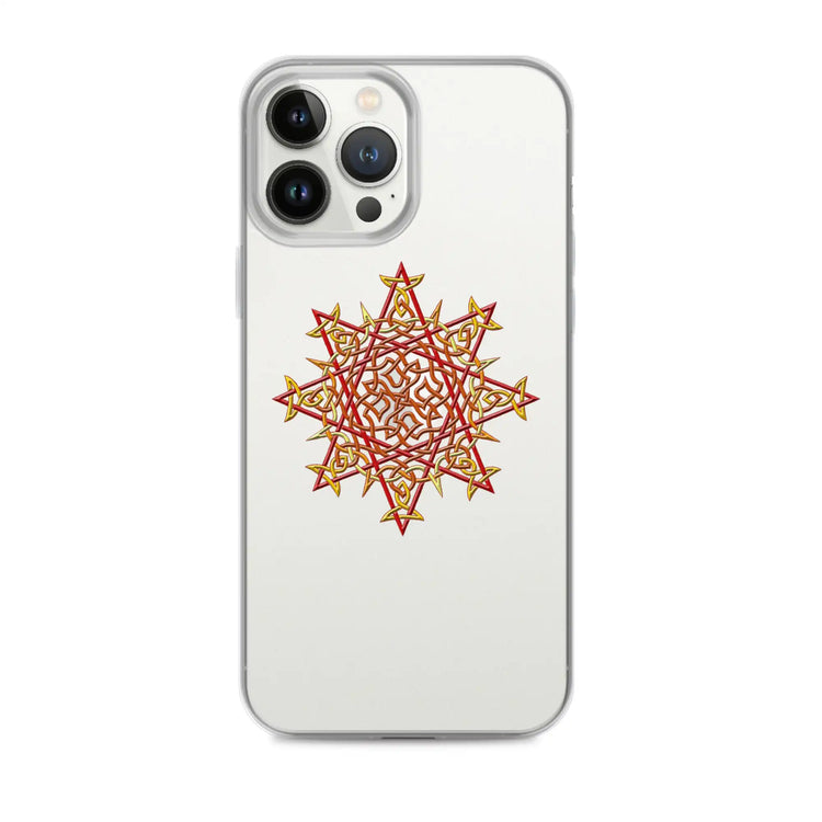 An iPhone 13 Pro Max in a Xigfireon clear phone case featuring the Fire Colour iteration of the Morning Star Fire Celtic knot design. The Morning Star Fire Celtic knot design represents Father Sun.