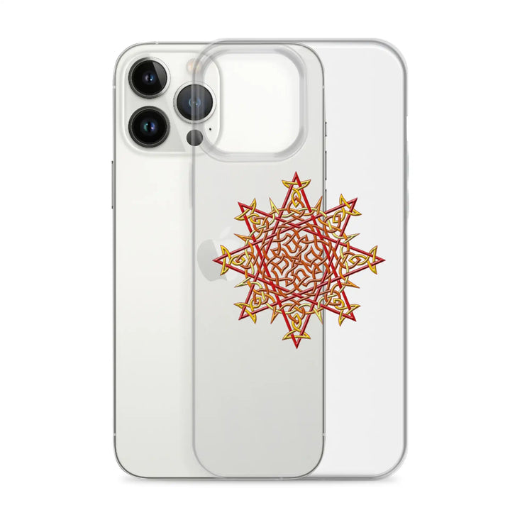 An iPhone 13 Pro Max behind a Xigfireon clear phone case featuring the Fire Colour iteration of the Morning Star Fire Celtic knot design. The Morning Star Fire Celtic knot design represents Father Sun.