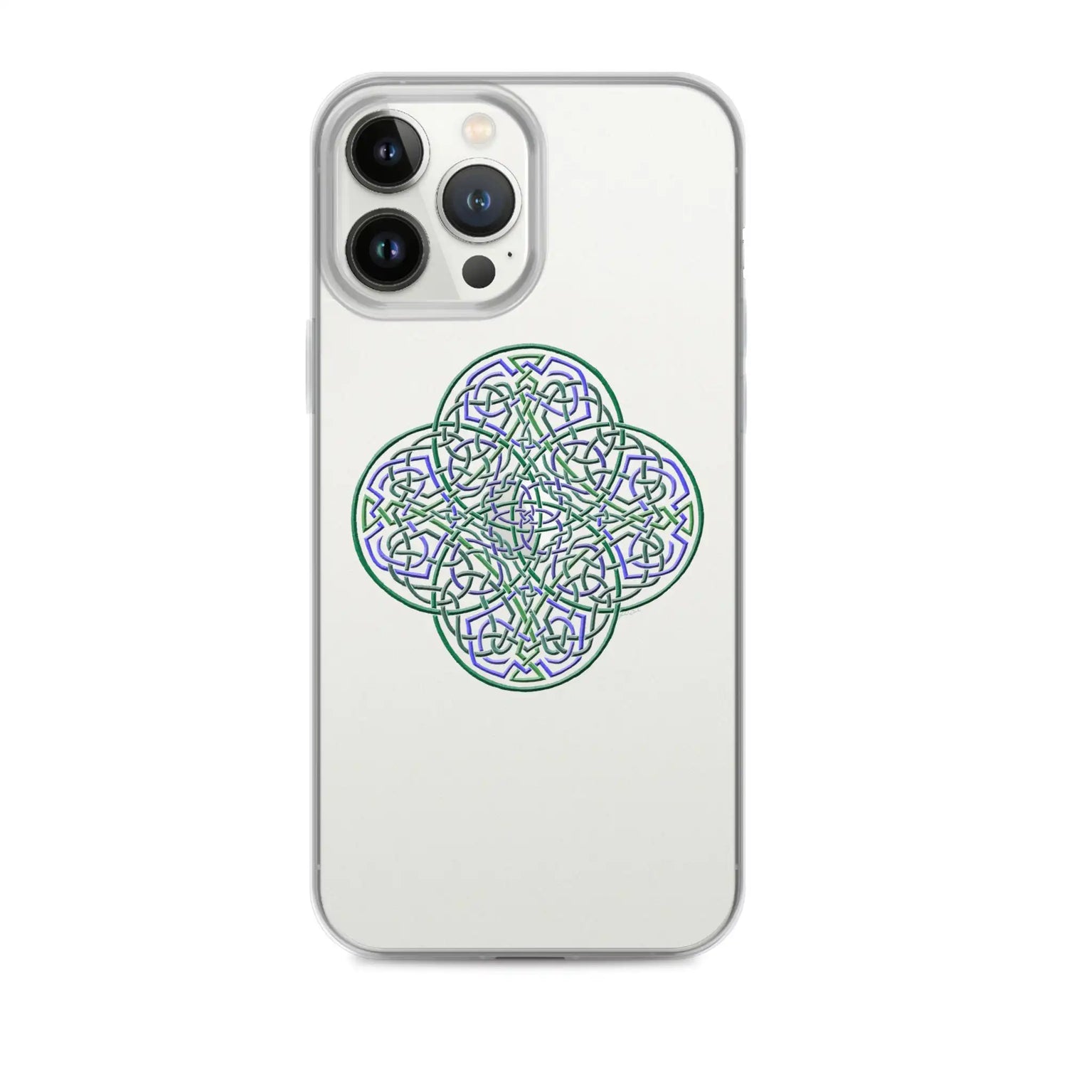 An iPhone 13 Pro Max in a Xigfireon clear phone case featuring the Living Colour iteration of the Reach Of The Spirit Celtic knot design. The Reach Of The Spirit Celtic knot design represents Mother Earth.