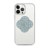 An iPhone 13 Pro Max in a Xigfireon clear phone case featuring the Living Colour iteration of the Reach Of The Spirit Celtic knot design. The Reach Of The Spirit Celtic knot design represents Mother Earth.
