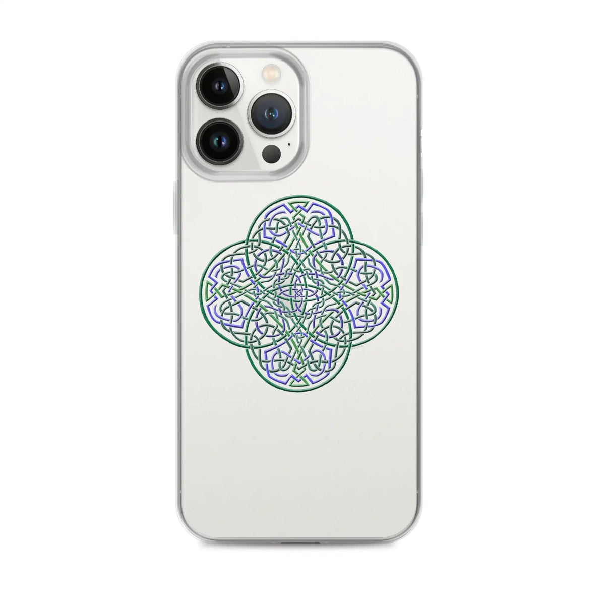An iPhone 13 Pro Max in a Xigfireon clear phone case featuring the Living Colour iteration of the Reach Of The Spirit Celtic knot design. The Reach Of The Spirit Celtic knot design represents Mother Earth.
