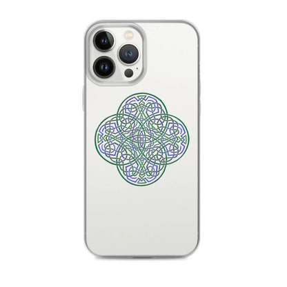 An iPhone 13 Pro Max in a Xigfireon clear phone case featuring the Living Colour iteration of the Reach Of The Spirit Celtic knot design. The Reach Of The Spirit Celtic knot design represents Mother Earth.