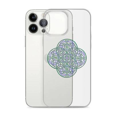 An iPhone 13 Pro Max behind a Xigfireon clear phone case featuring the Living Colour iteration of the Reach Of The Spirit Celtic knot design. The Reach Of The Spirit Celtic knot design represents Mother Earth.