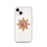 An iPhone 14 in a Xigfireon clear phone case featuring the Fire Colour iteration of the Morning Star Fire Celtic knot design. The Morning Star Fire Celtic knot design represents Father Sun.