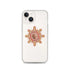 An iPhone 14 in a Xigfireon clear phone case featuring the Fire Colour iteration of the Morning Star Fire Celtic knot design. The Morning Star Fire Celtic knot design represents Father Sun.