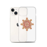 An iPhone 14 behind a Xigfireon clear phone case featuring the Fire Colour iteration of the Morning Star Fire Celtic knot design. The Morning Star Fire Celtic knot design represents Father Sun.