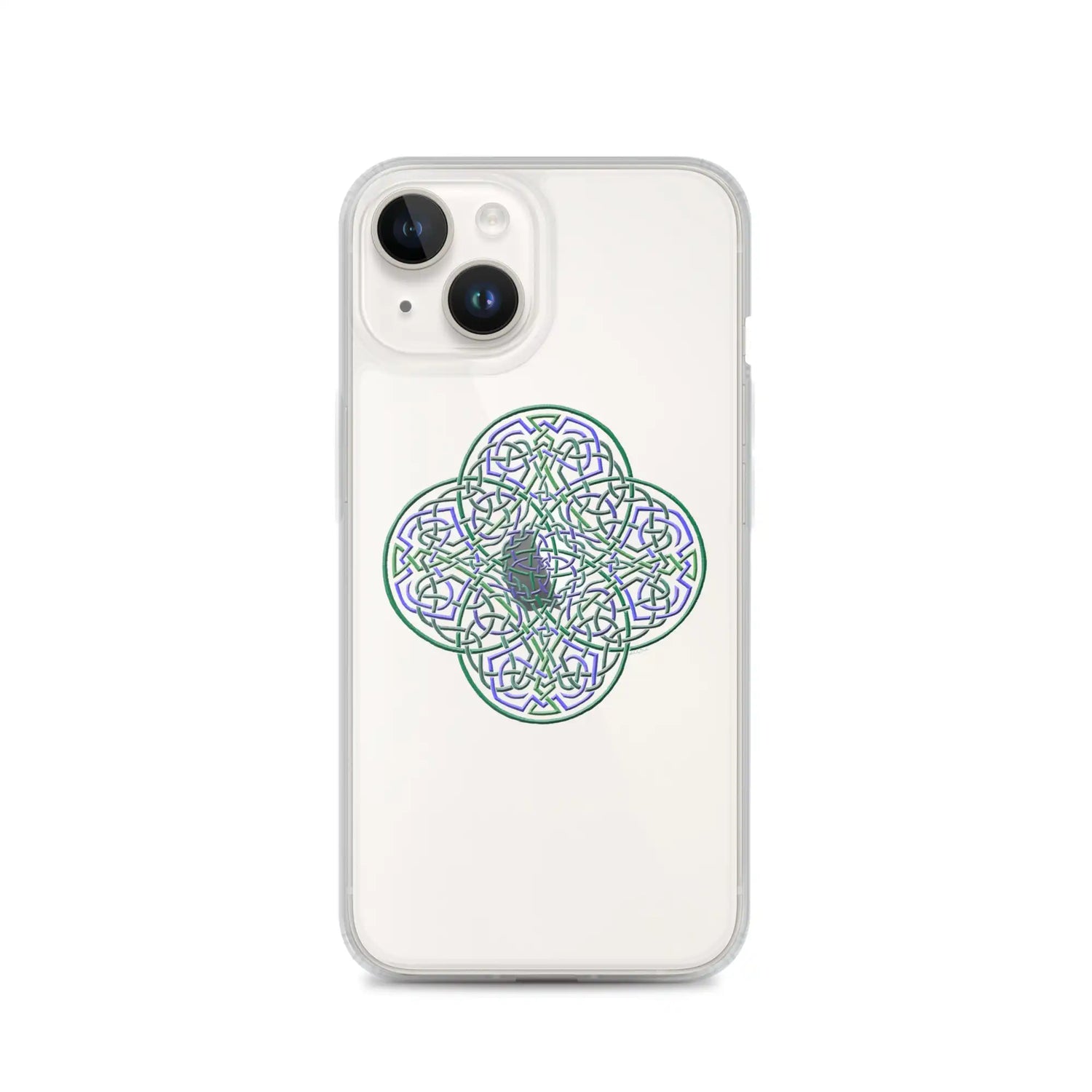 An iPhone 14 in a Xigfireon clear phone case featuring the Living Colour iteration of the Reach Of The Spirit Celtic knot design. The Reach Of The Spirit Celtic knot design represents Mother Earth.