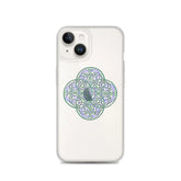 An iPhone 14 in a Xigfireon clear phone case featuring the Living Colour iteration of the Reach Of The Spirit Celtic knot design. The Reach Of The Spirit Celtic knot design represents Mother Earth.