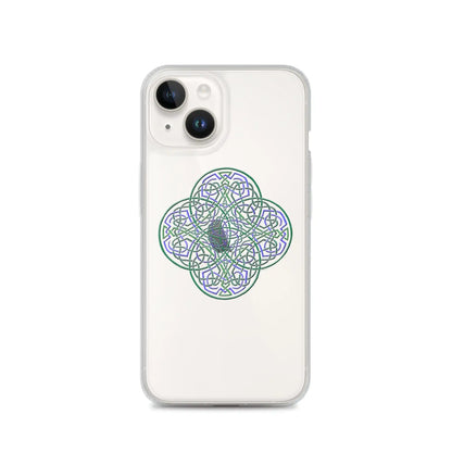 An iPhone 14 in a Xigfireon clear phone case featuring the Living Colour iteration of the Reach Of The Spirit Celtic knot design. The Reach Of The Spirit Celtic knot design represents Mother Earth.