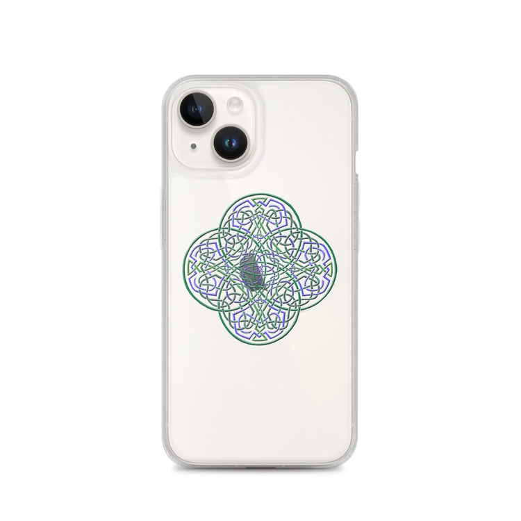 An iPhone 14 in a Xigfireon clear phone case featuring the Living Colour iteration of the Reach Of The Spirit Celtic knot design. The Reach Of The Spirit Celtic knot design represents Mother Earth.