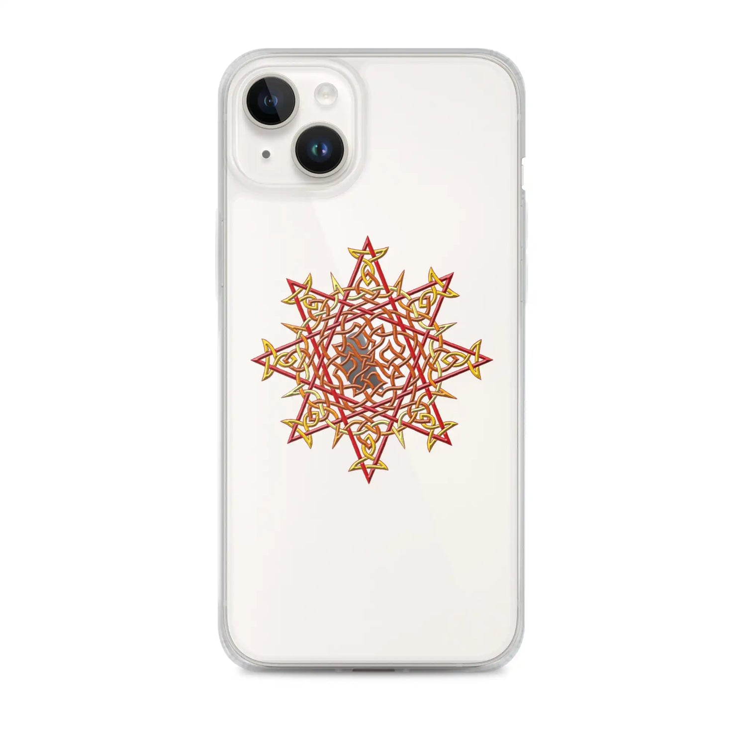 An iPhone 14 Plus in a Xigfireon clear phone case featuring the Fire Colour iteration of the Morning Star Fire Celtic knot design. The Morning Star Fire Celtic knot design represents Father Sun.