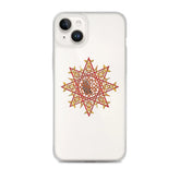 An iPhone 14 Plus in a Xigfireon clear phone case featuring the Fire Colour iteration of the Morning Star Fire Celtic knot design. The Morning Star Fire Celtic knot design represents Father Sun.