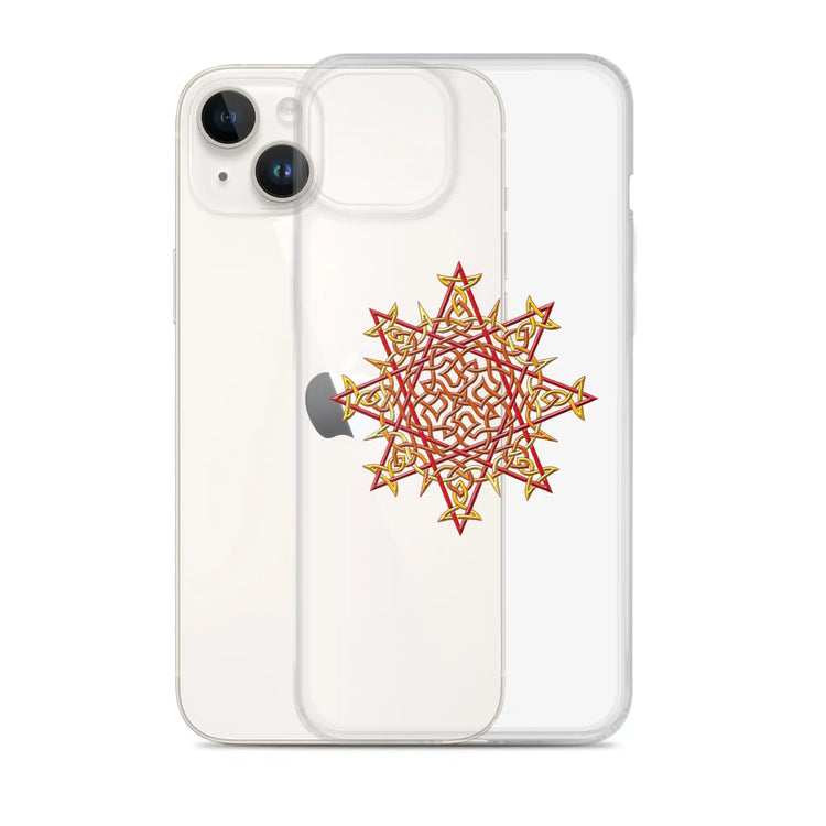 An iPhone 14 Plus behind a Xigfireon clear phone case featuring the Fire Colour iteration of the Morning Star Fire Celtic knot design. The Morning Star Fire Celtic knot design represents Father Sun.
