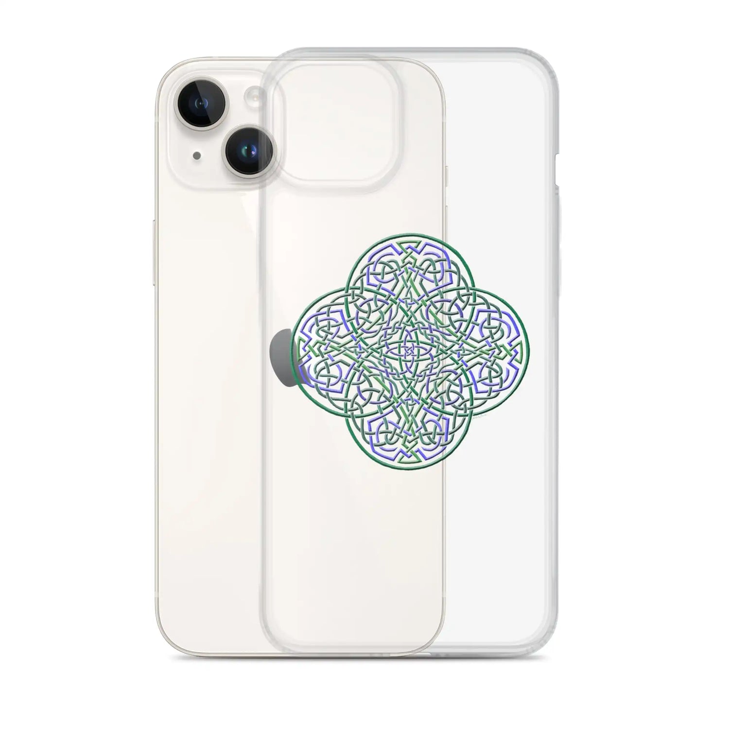An iPhone 14 Plus behind a Xigfireon clear phone case featuring the Living Colour iteration of the Reach Of The Spirit Celtic knot design. The Reach Of The Spirit Celtic knot design represents Mother Earth.