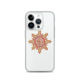 An iPhone 14 Pro in a Xigfireon clear phone case featuring the Fire Colour iteration of the Morning Star Fire Celtic knot design. The Morning Star Fire Celtic knot design represents Father Sun.