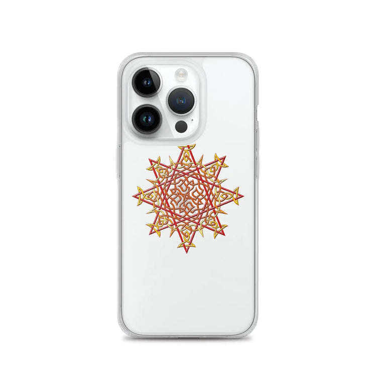 An iPhone 14 Pro in a Xigfireon clear phone case featuring the Fire Colour iteration of the Morning Star Fire Celtic knot design. The Morning Star Fire Celtic knot design represents Father Sun.