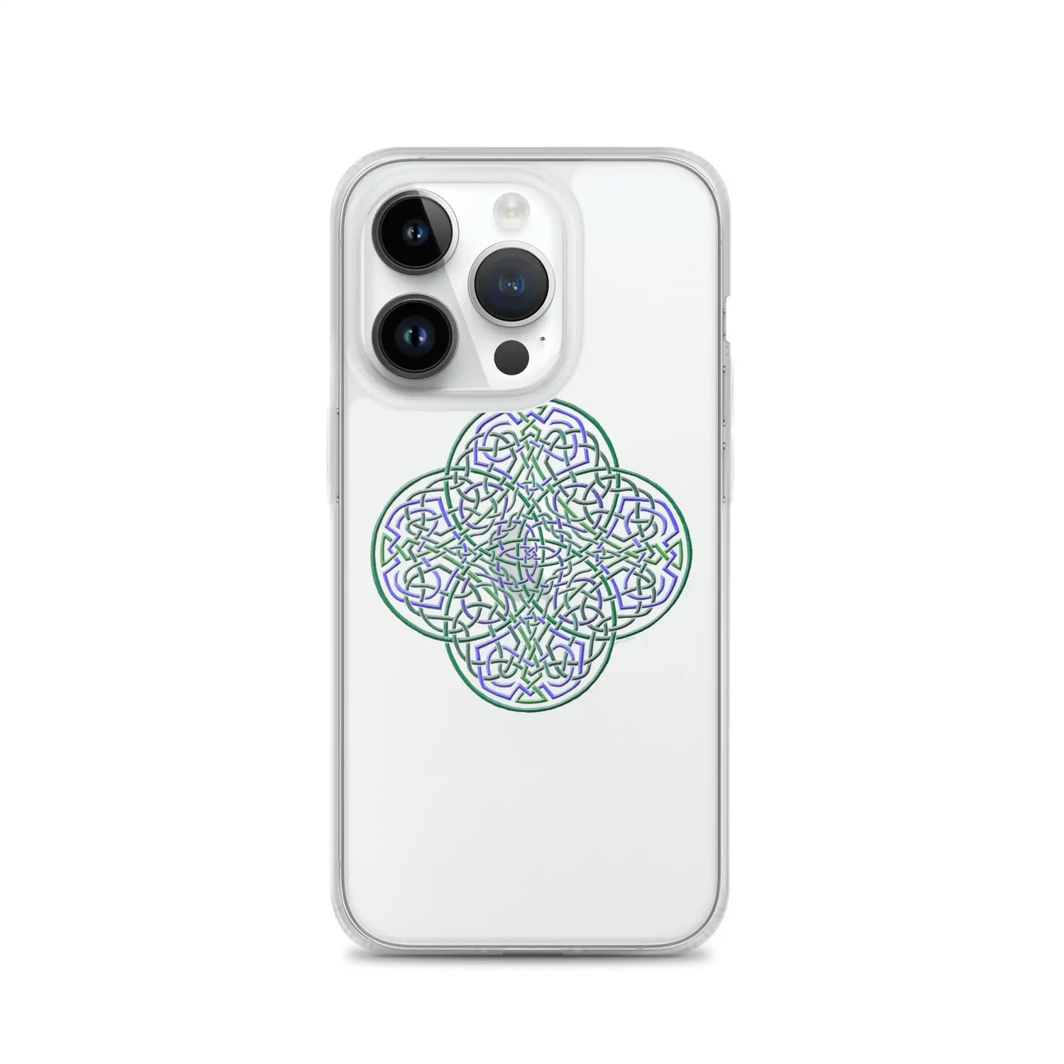 An iPhone 14 Pro in a Xigfireon clear phone case featuring the Living Colour iteration of the Reach Of The Spirit Celtic knot design. The Reach Of The Spirit Celtic knot design represents Mother Earth.