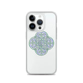 An iPhone 14 Pro in a Xigfireon clear phone case featuring the Living Colour iteration of the Reach Of The Spirit Celtic knot design. The Reach Of The Spirit Celtic knot design represents Mother Earth.