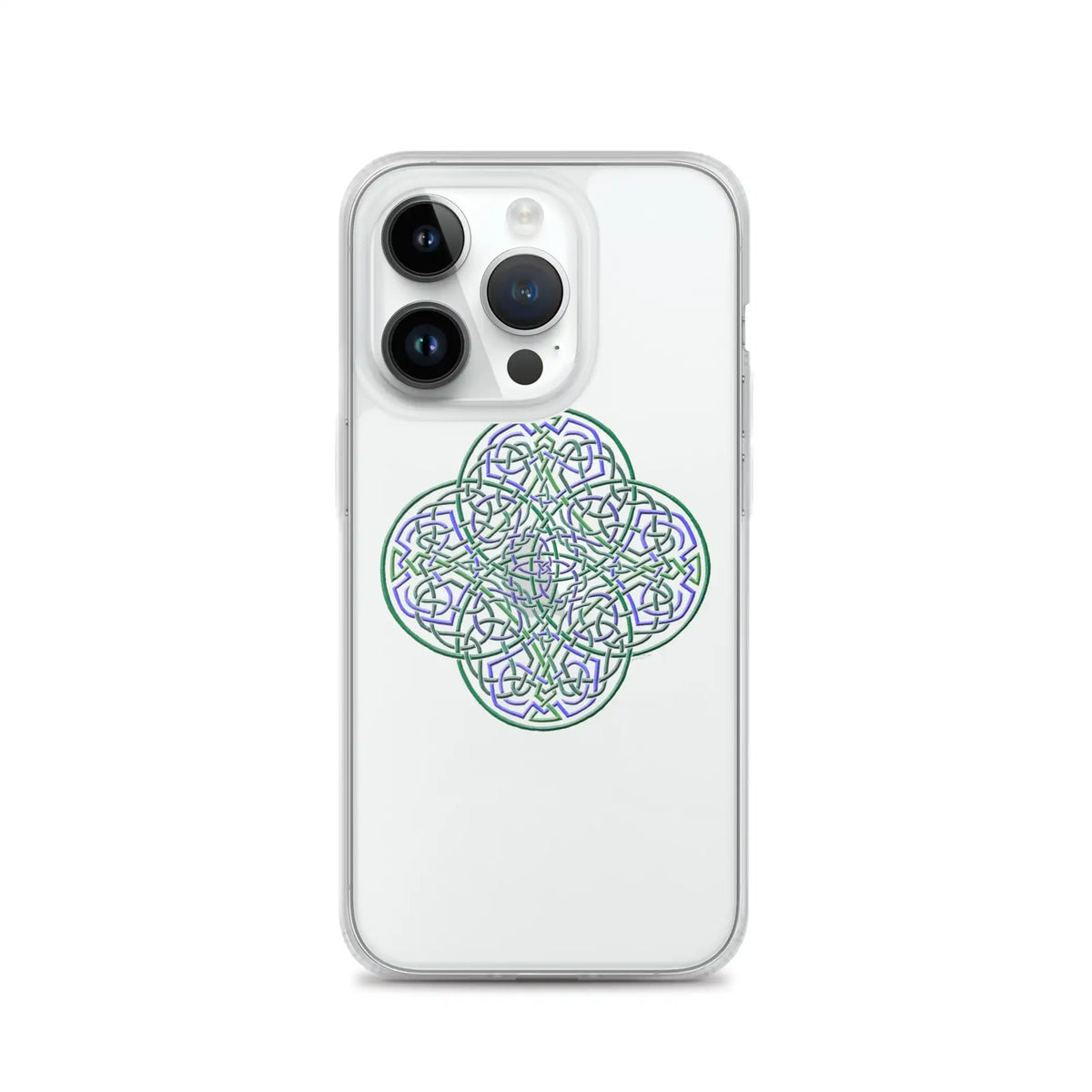 An iPhone 14 Pro in a Xigfireon clear phone case featuring the Living Colour iteration of the Reach Of The Spirit Celtic knot design. The Reach Of The Spirit Celtic knot design represents Mother Earth.