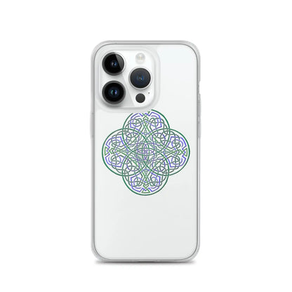 An iPhone 14 Pro in a Xigfireon clear phone case featuring the Living Colour iteration of the Reach Of The Spirit Celtic knot design. The Reach Of The Spirit Celtic knot design represents Mother Earth.