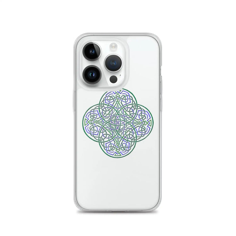 An iPhone 14 Pro in a Xigfireon clear phone case featuring the Living Colour iteration of the Reach Of The Spirit Celtic knot design. The Reach Of The Spirit Celtic knot design represents Mother Earth.