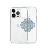 An iPhone 14 Pro behind a Xigfireon clear phone case featuring the Living Colour iteration of the Reach Of The Spirit Celtic knot design. The Reach Of The Spirit Celtic knot design represents Mother Earth.