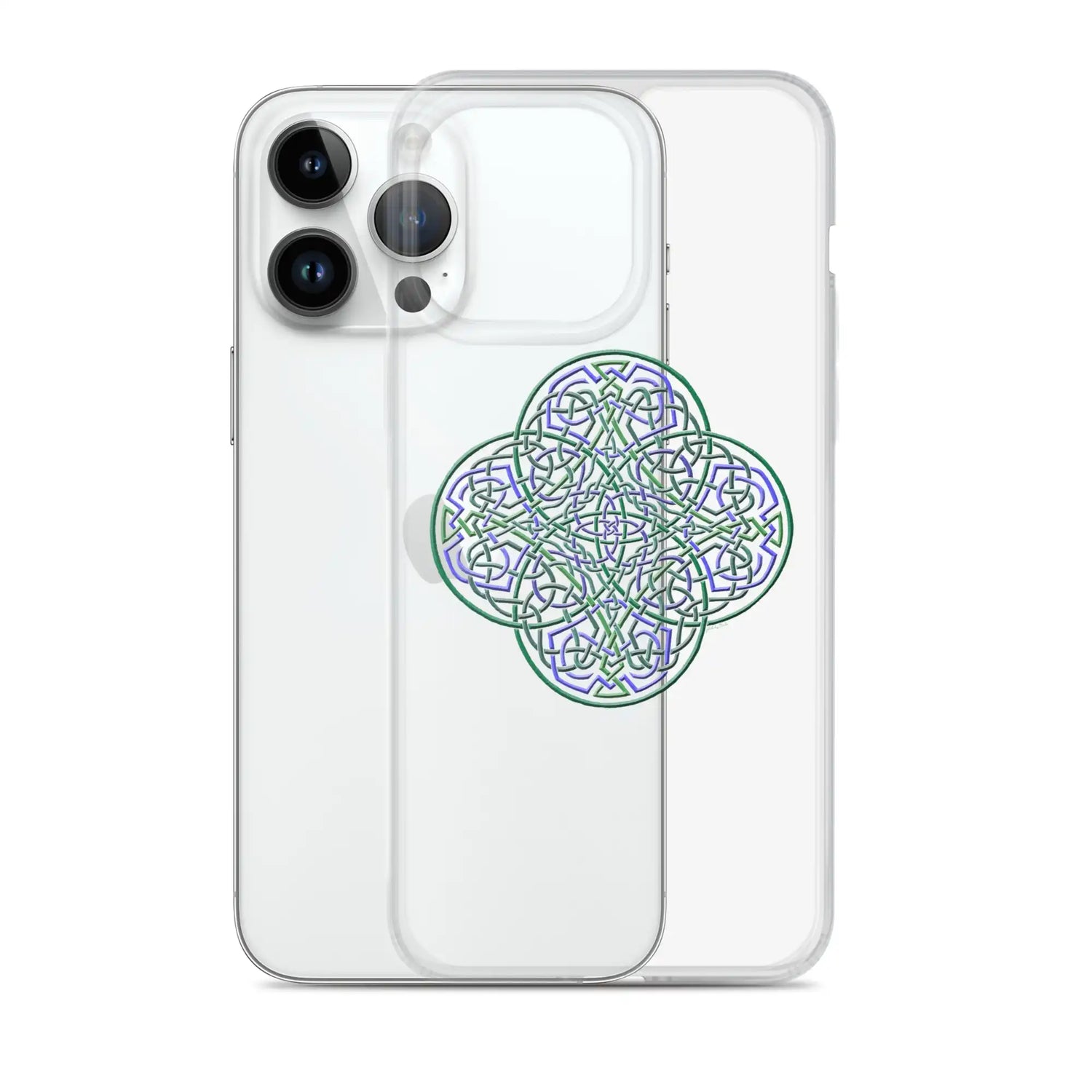 An iPhone 14 Pro Max behind a Xigfireon clear phone case featuring the Living Colour iteration of the Reach Of The Spirit Celtic knot design. The Reach Of The Spirit Celtic knot design represents Mother Earth.