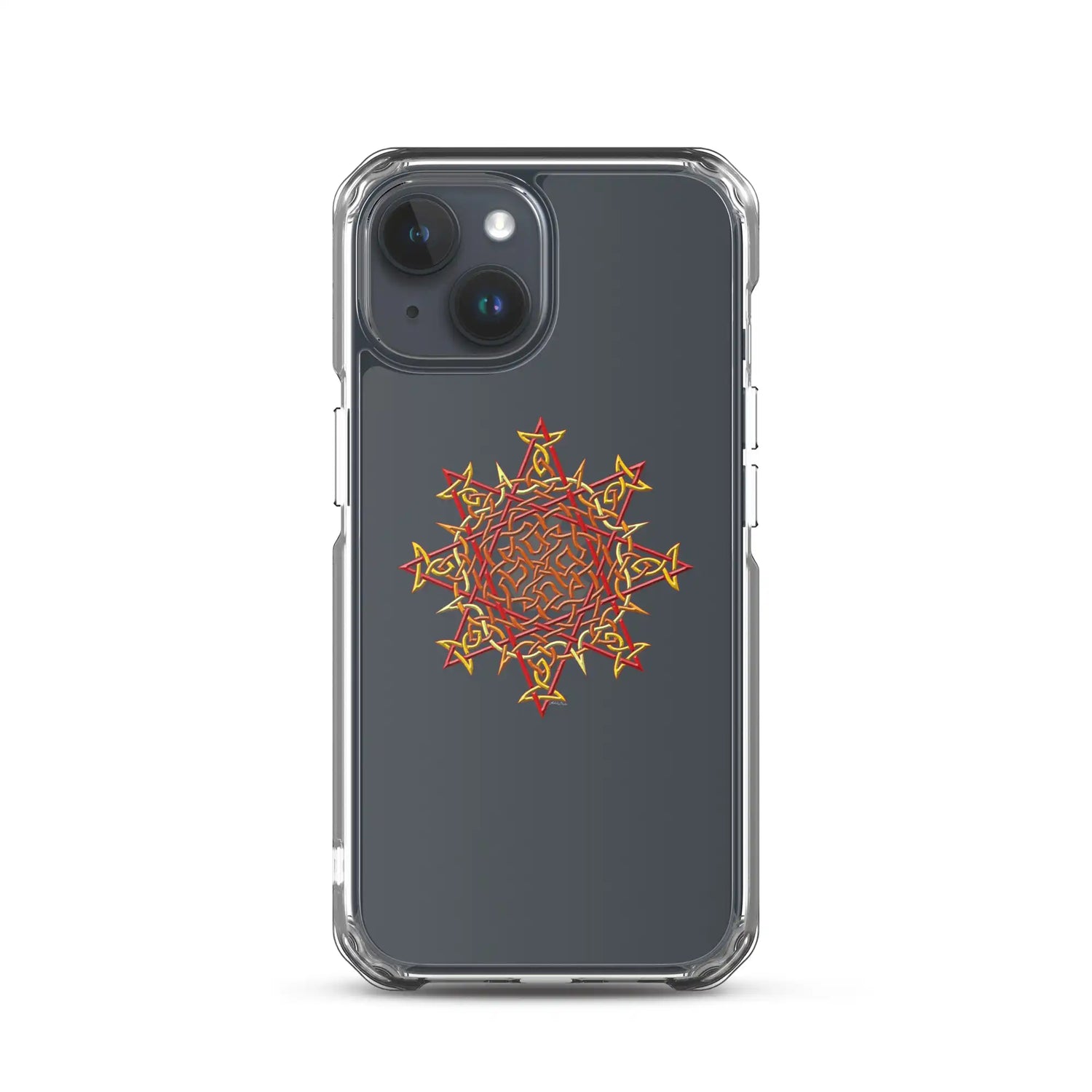 An iPhone 15 in a Xigfireon clear phone case featuring the Fire Colour iteration of the Morning Star Fire Celtic knot design. The Morning Star Fire Celtic knot design symbolizes the Sun.